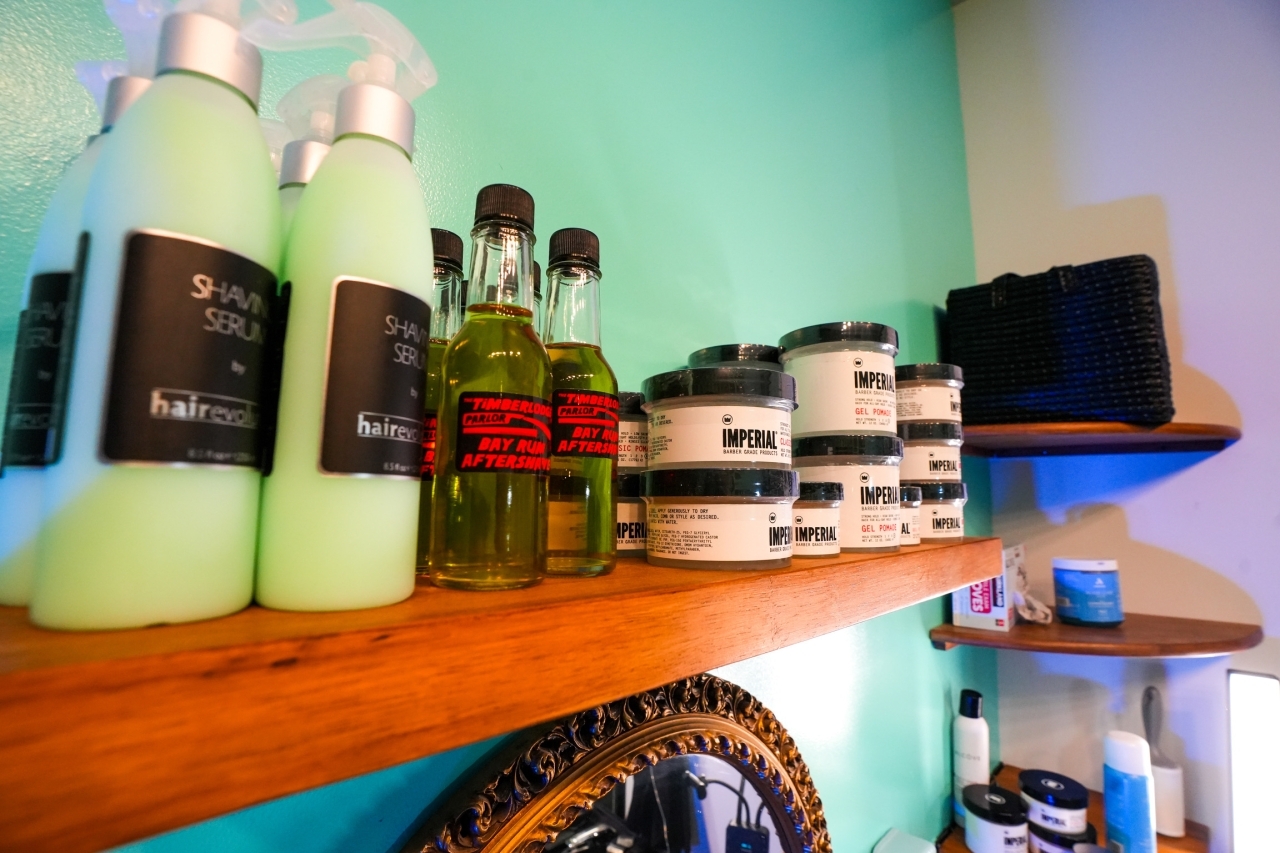A full selection of hair products available for purchase at Timberlodge Parlor