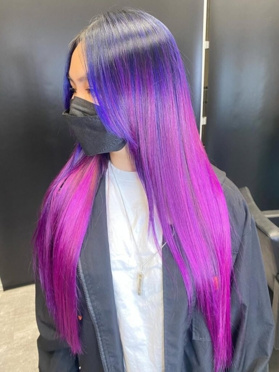 Asian Women's Cut, Fiery Purple Flame and Fade